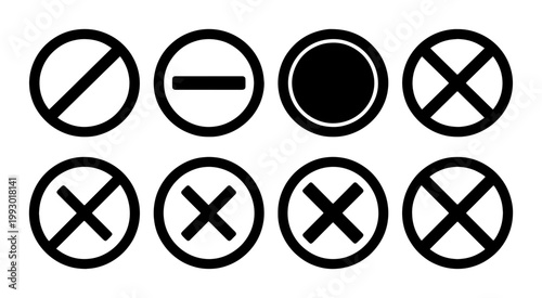 Prohibition sign icon set with 8 black vector symbols, restricted access and stop warning marks, universal no entry and cancel icons for UI design