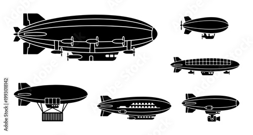 Vintage blimp silhouette collection, 6 airship vector icons, retro dirigible and zeppelin transport set, black aviation aircraft graphics