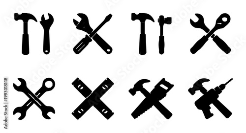Industrial hand tool icons set, black silhouette hardware equipment symbols, professional construction and repair tool vector collection for maintenance
