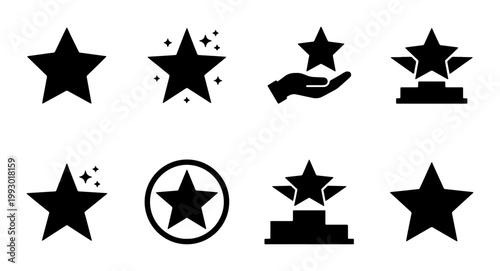Black star icon set with 8 vector elements, rating and award symbols for web design, achievement and success glyphs on white background