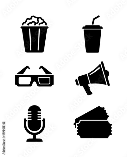 Cinema and movie theater icon set, black solid vector symbols of popcorn and soda, 3D glasses and film tickets for entertainment industry