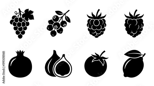 Minimalist fruit icons set, black silhouette berry and fruit collection, 8 vector symbols of grapes blueberry raspberry pomegranate fig and lemon