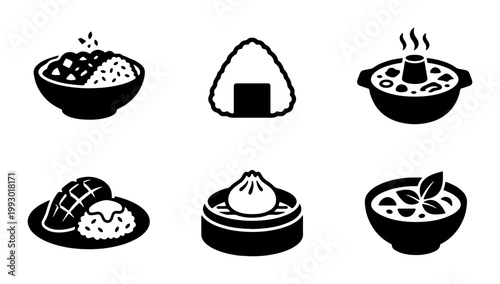 Japanese food icon set, minimalist black and white asian cuisine vector illustrations, collection of 6 sushi, ramen, dim sum, and curry symbols