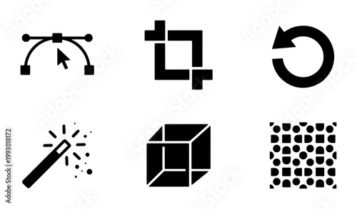 Graphic design tool icons set, black vector editing symbols, creative software interface elements, minimalist digital art production icons