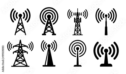 Radio tower icons set, black telecommunication antenna vector symbols, wireless signal transmitter and broadcast mast collection for network design