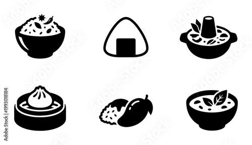 Asian food icon set, minimalist black solid vector symbols of rice bowl, onigiri, hot pot, dim sum, mango sticky rice, and soup for restaurant menus