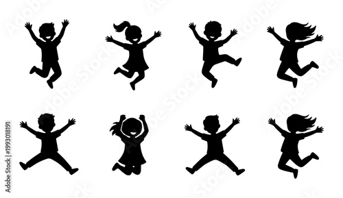 Happy jumping children silhouettes, set of 8 active kids jumping and playing, black vector icons of joyful boys and girls for school and youth projects