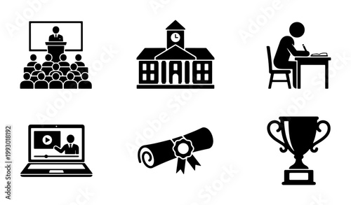 Education and learning icon set, black school and university vector symbols, academic study and graduation elements for web and print design