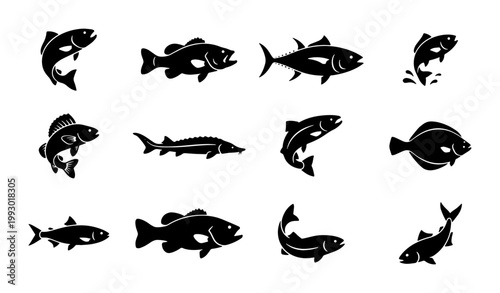Black fish silhouette icons set, 12 aquatic animal vector graphics, minimalist sea life and freshwater fish shapes for fishing logos and seafood branding