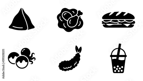 Asian street food icon set, black solid vector silhouettes of takoyaki, tempura, and bubble tea, fast food restaurant menu elements