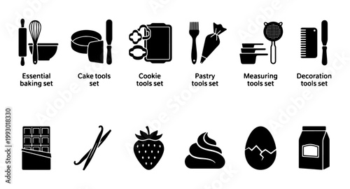 Baking tools and pastry ingredients icon set, black silhouette kitchen utensils vector, professional cake decoration and cookie making equipment