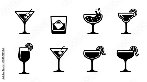 Minimalist cocktail icon set, black and white alcoholic beverage symbols, 8 vector drink illustrations for bar menus and signage