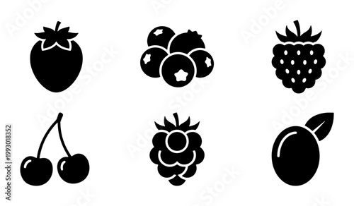 Minimalist berry fruit icon set, black solid vector silhouettes of strawberry and blueberry, 6 organic forest berry symbols for food packaging