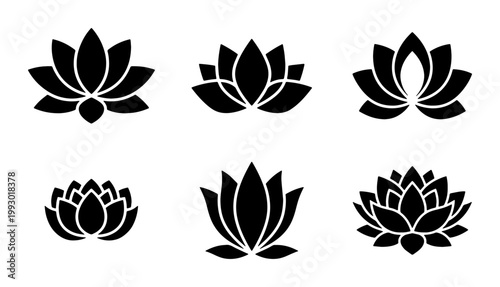 Zen lotus flower icons set, black floral silhouette vector graphics, minimalist water lily symbols for yoga and wellness branding, 6 elements