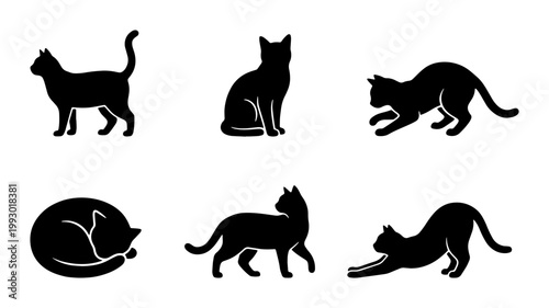 Black cat silhouette collection, 6 feline vector icons in various poses, minimalist pet animal silhouettes for logo design and web graphics