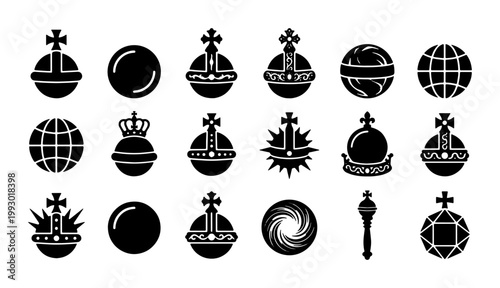 Royal globus cruciger icons set, 18 black silhouette sovereign orb symbols, monarch regalia and imperial crown jewels vector collection
