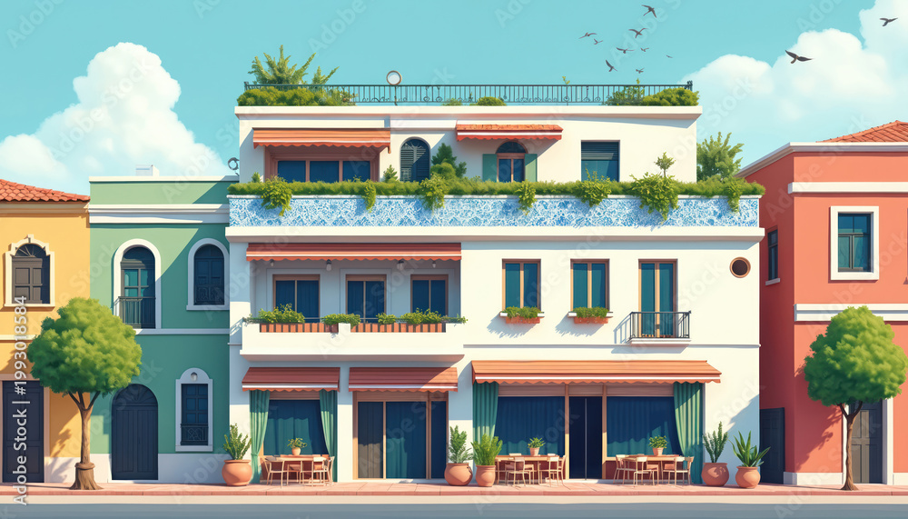 Naklejka premium Charming boutique hotel with garden terrace in sunny city. Cozy urban lodging offers rooftop views. Small building exterior features cafe seating, green plants.