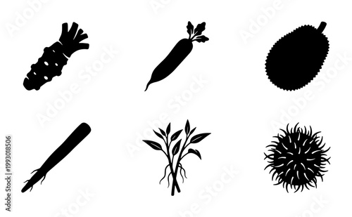 Exotic Asian vegetable and fruit icons, set of 6 black solid silhouettes, wasabi root and durian vector graphics for culinary design