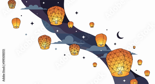 Vector illustration of sky lanterns floating at night with moon and stars, festive celebration concept. for branding, packaging, banner, poster, website header, and social media design use