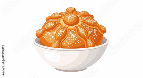 Pan de muerto bread in white bowl, traditional Mexican Day of the Dead pastry vector illustration. Festive bread for Dia de Muertos celebration, cultural food concept.