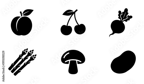 Minimalist fruit and vegetable icons, set of 6 black solid vector symbols, organic food silhouettes for grocery and restaurant branding