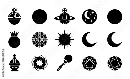 Tableau sur toile Mystical celestial icons set, 15 black vector silhouettes of royal crowns and as