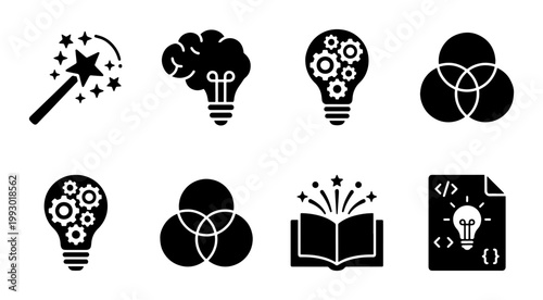 Creative process icon set, 8 black solid vector symbols for innovation and brainstorming, light bulb and brain concept icons for design and development
