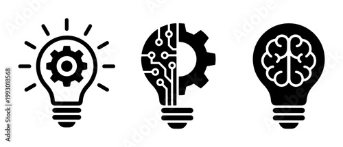 Artificial intelligence light bulb icons, creative brain and gear symbols for innovation, set of 3 black vector silhouettes for technology and logic