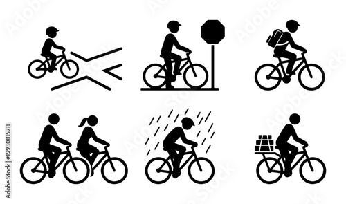 Bicycle safety and cycling rules icon set, black stick figure cyclist vector illustrations, bike commuting and road traffic symbols