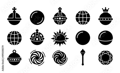 Royal regalia icon set, 15 black silhouette sovereign orb and scepter symbols, monarch crown jewels vector collection, medieval kingdom heraldry