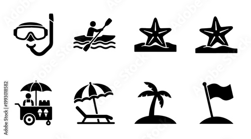 Summer beach vacation icons set, black silhouette tropical holiday symbols, 8 vector travel and outdoor recreation elements for tourism design