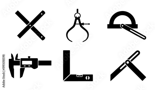 Precision measurement tools icon set, black silhouette engineering equipment vectors, professional carpentry and metalworking measuring instruments