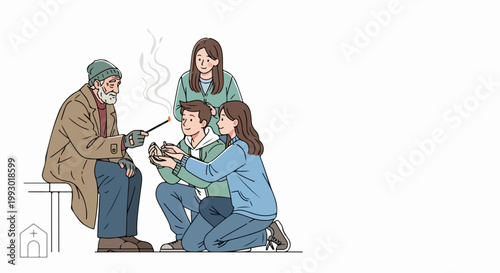 Kindness vector illustration of people sharing food with homeless man. Compassion concept for social causes and charity campaigns. Generosity and empathy depicted in simple line art style.