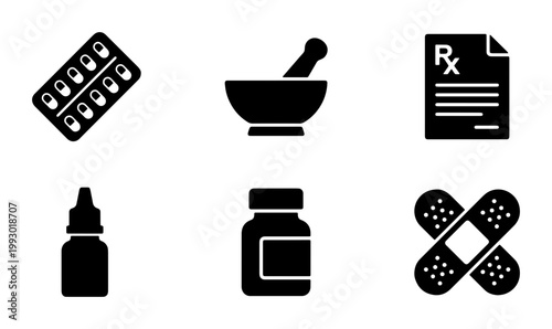 Medical pharmacy icon set, black solid pharmaceutical symbols, healthcare and medicine vector collection, 6 professional clinic icons