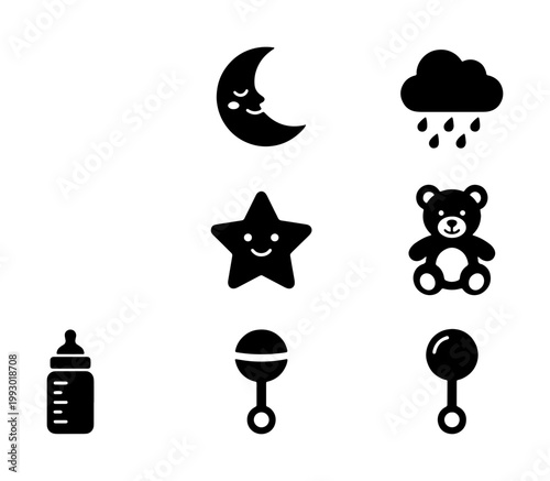Baby nursery icon set, black silhouette infant toy symbols, 7 vector elements for newborn care, cute teddy bear and rattle graphics