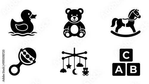 Baby toy icons set, black silhouette nursery symbols including rubber duck and teddy bear, 6 vector elements for infant care and childhood education