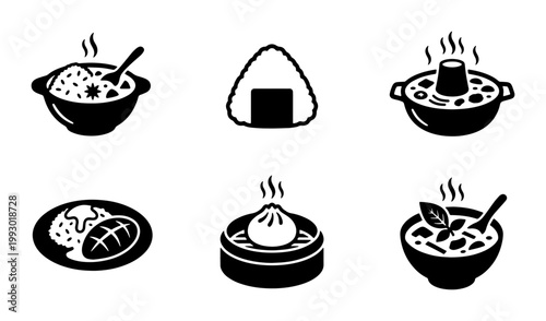 Japanese food icon set, black and white minimalist Asian cuisine vector illustrations, 6 flat icons of onigiri, ramen, curry, and dim sum