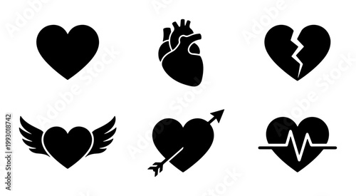 Black heart icon set with 6 vector elements, anatomical heart and broken heart symbols, romantic love and healthcare heartbeat silhouettes