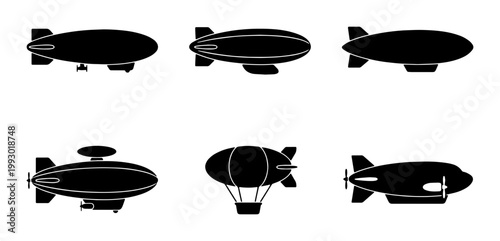 Vintage blimp and dirigible silhouette icons, set of 6 airship vector illustrations, retro zeppelin and hot air balloon transport symbols