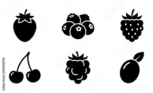 Minimalist berry fruit icon set, black silhouette vector collection of 6 organic berries, flat strawberry blueberry raspberry cherry and blackberry symbols