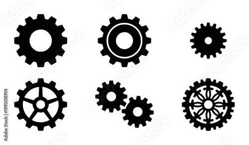 Industrial gear icons set, black mechanical cogwheel silhouettes, 6 vector engine parts for engineering and technology design, minimalist machinery symbols