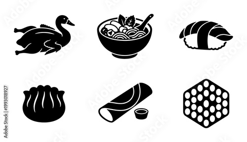 Asian food icon set, black silhouette vector illustrations of roasted duck, ramen bowl, sushi nigiri, dumpling, spring roll, and honeycomb