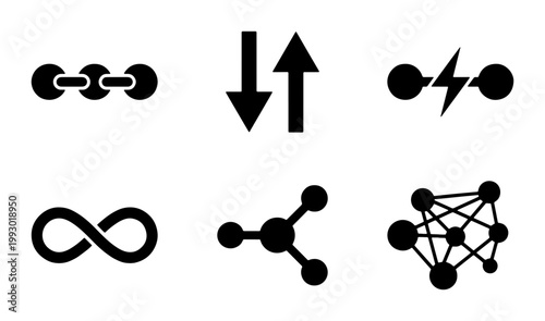Minimalist connectivity icon set, black vector symbols for network and data transfer, abstract link and infinity signs for technology interface design