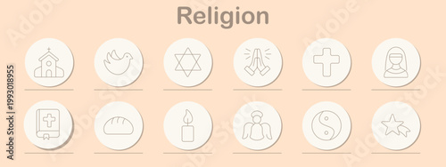 Religion set icon. Line symbols depict church building, dove bird, star symbol, praying hands, cross shape, nun portrait, holy book, bread loaf, candle flame, angel figure, yin yang sign