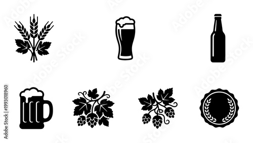 Craft beer brewery icons set, black minimalist beer bottle and glass silhouettes, hop branch and wheat stalk vector illustrations for pub branding