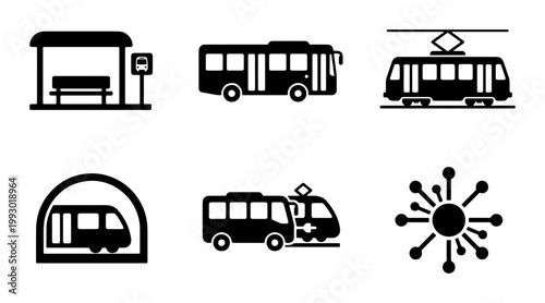 Public transport icon set, black silhouette bus and tram symbols, urban transit and metro station vector elements for city navigation maps