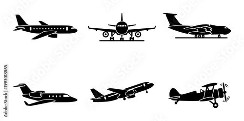 Airplane silhouette icons set, 6 black aircraft vector symbols, commercial jet and private plane collection, aviation transport graphics for travel