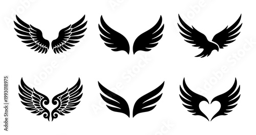 Black wing silhouettes collection, set of 6 heraldic eagle and bird wing icons, tribal tattoo style feathered wings, decorative flight symbols for logo design
