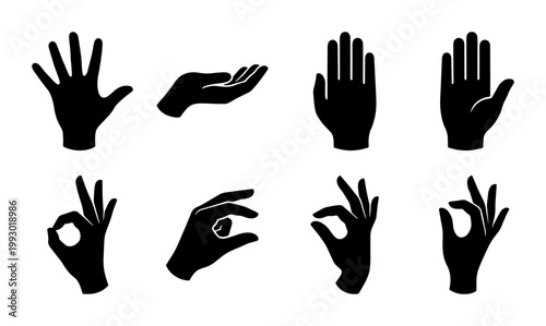 Black hand gestures silhouette set, 8 human hand icons with various poses, minimalist palm and finger signs vector collection for UI design
