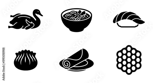 Asian food icon set, black solid vector symbols of Peking duck, ramen bowl, sushi nigiri, dim sum dumpling, spring roll and bubble tea